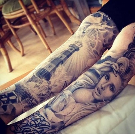 leg-tattoos-lighthouse-sleeve