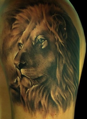 shoulder-tattoos-men-lion-portrait