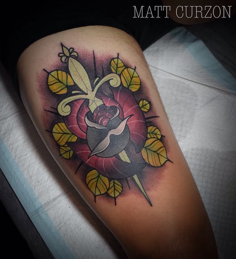 Dagger and rose tattoo by Matt Curzon