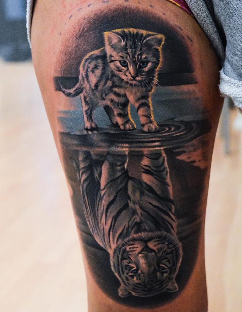 Martin Sjöberg cat with tiger reflection tattoo