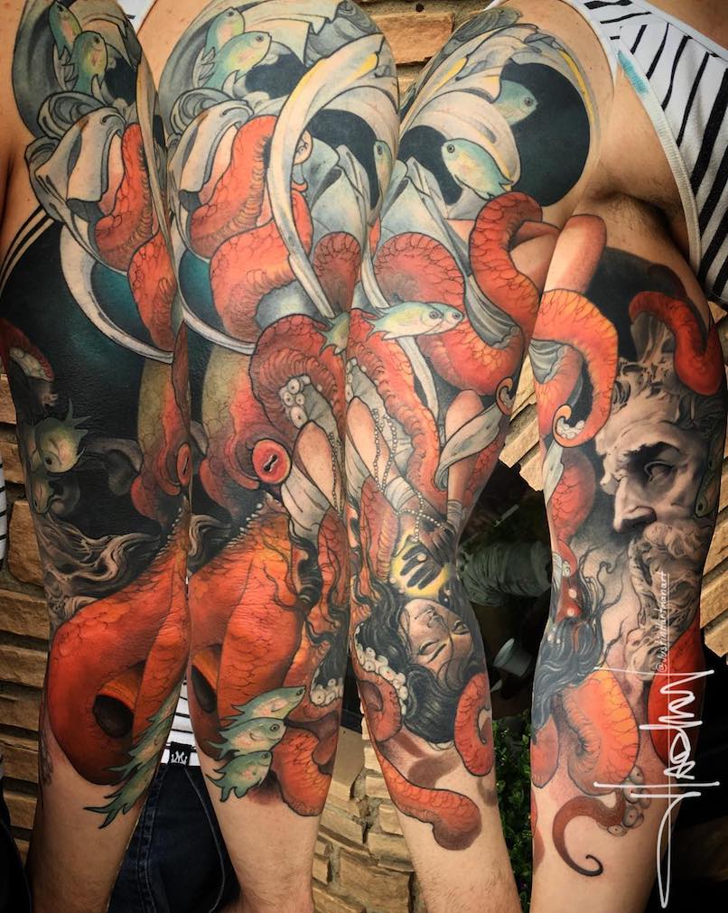 Poseidon and marine life tattoo sleeve by Justin Hartman