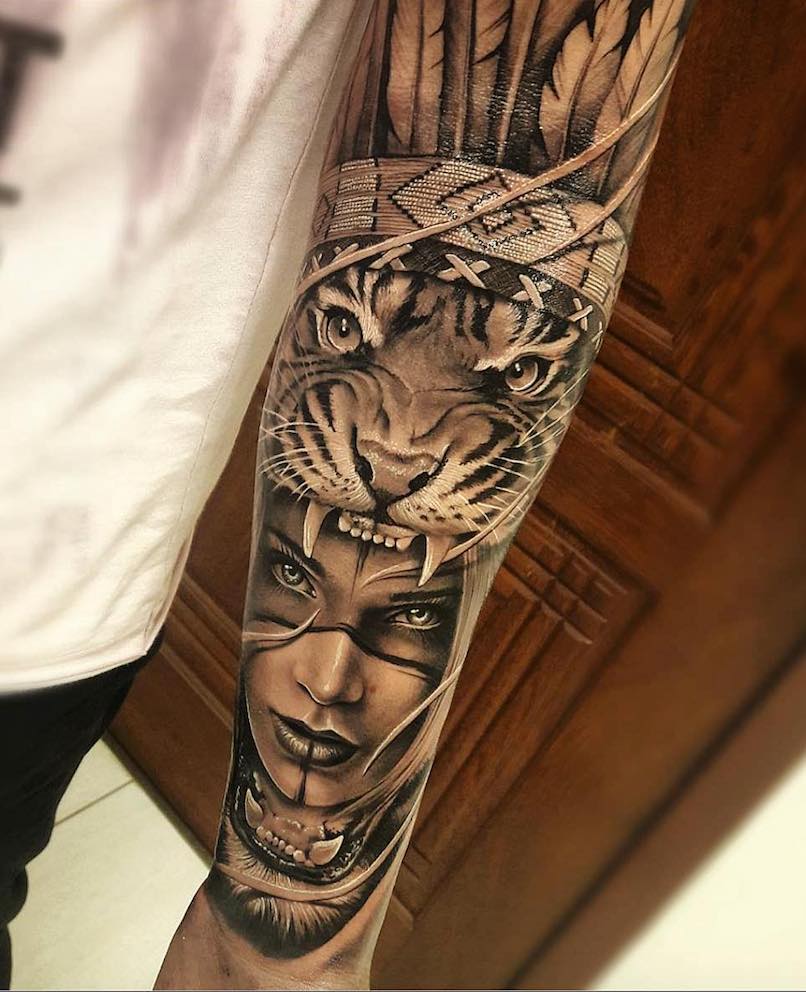Samuraii Standoff tiger and girl tattoo