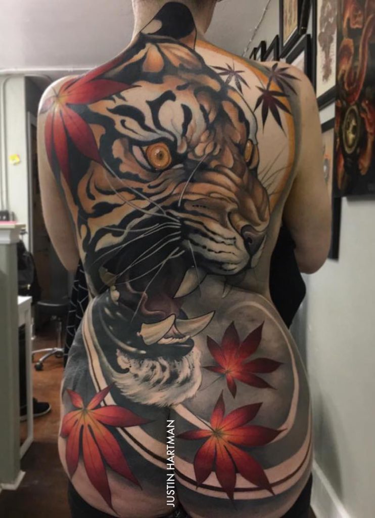 back tattoo of tiger by Justin Hartman