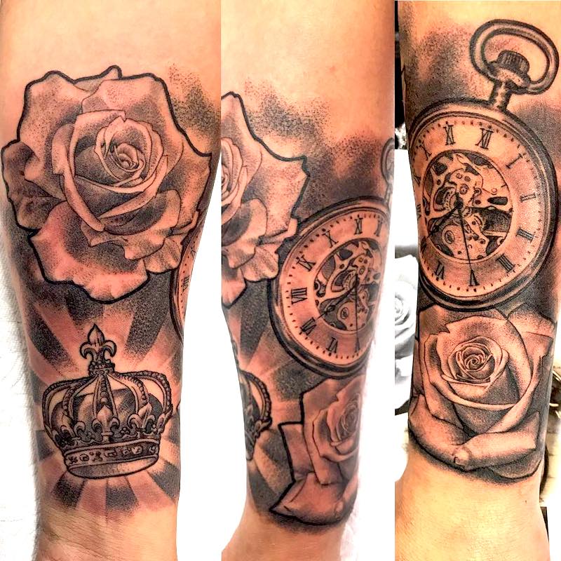 Christian Rubio Crown, Rose and Watch Tattoo