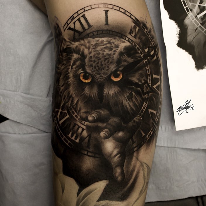 Owl and Clock Tattoo by Gary Mossman