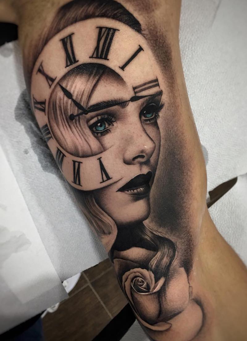 Woman and Clock Tattoo by Milker Cordova
