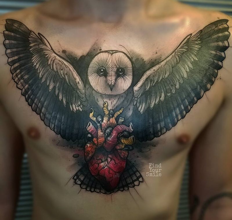 Chest Owl Tattoo by Russell Van Schaick