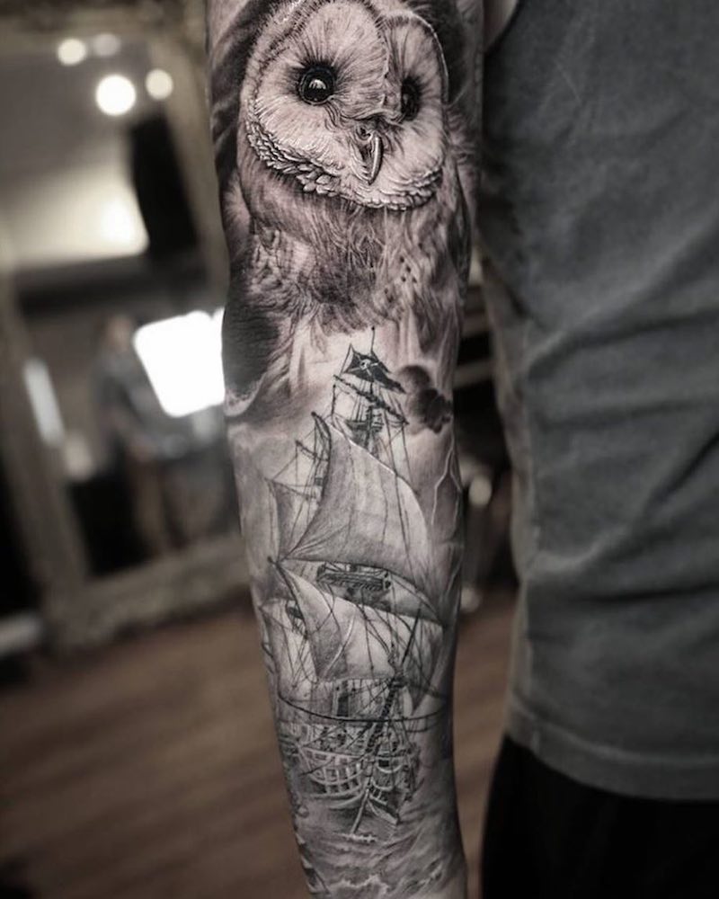 Owl and Ship Tattoo by Stefano Alcantara