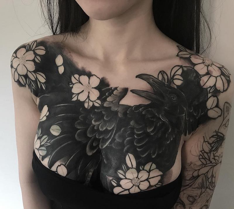 Bird and Cherry Blossom Tattoo by Max Rathbone