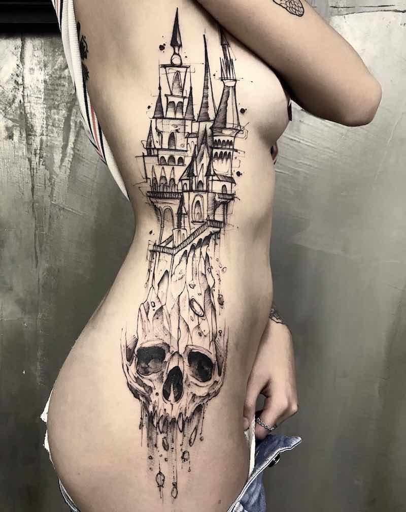 Castle Skull Tattoo by Feliphe Veiga