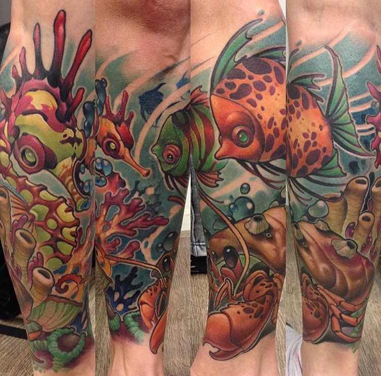 Fish and Seahorse tattoo by Jamie Ris