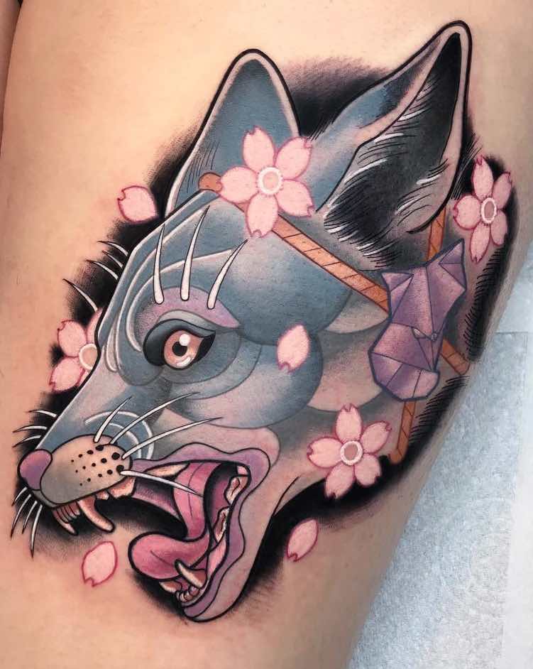 Fox and Cherry Blossom Tattoo by Chris Stockings