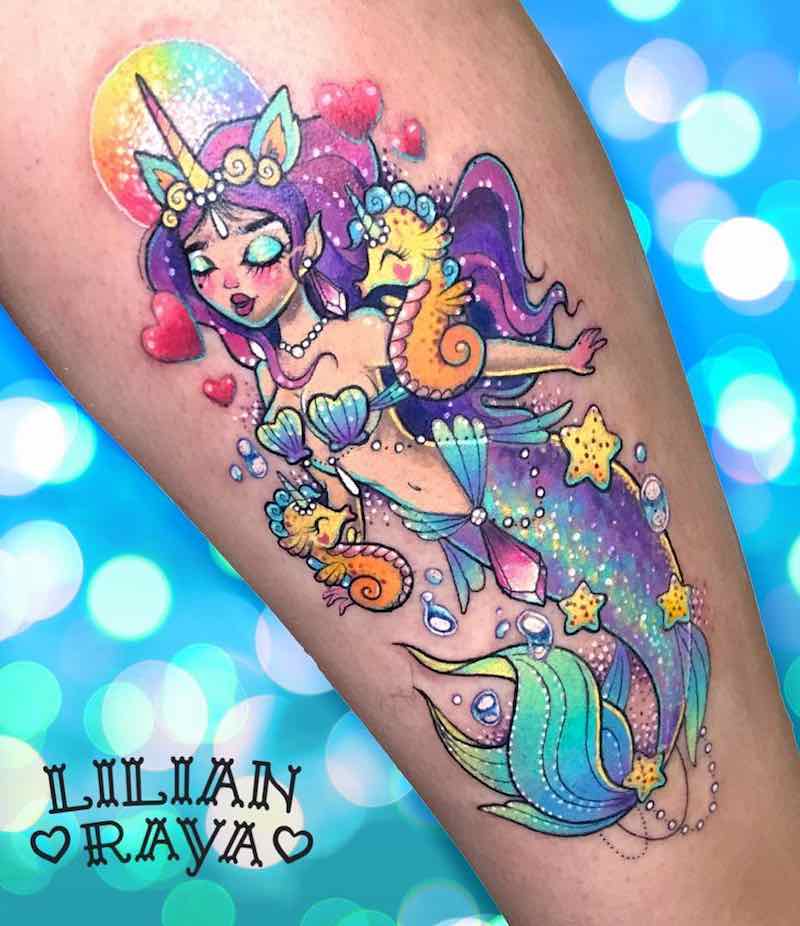 Mermaid and Seahorse Tattoo by Lilian Raya