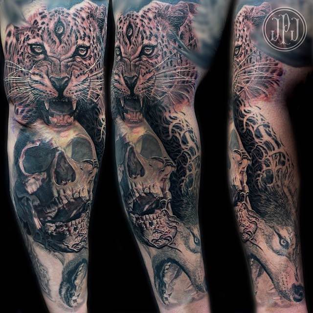 Skull and Jaguar Tattoo by Jose Perez Jr