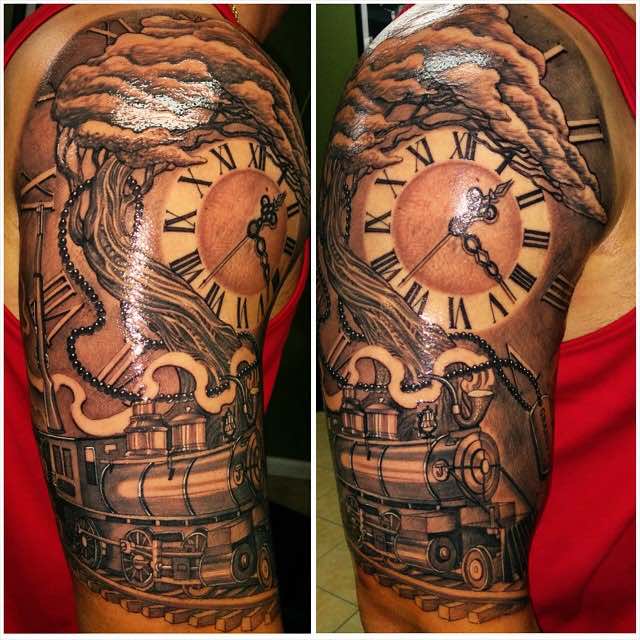 Train Clock and Tree Tattoo by Tazz