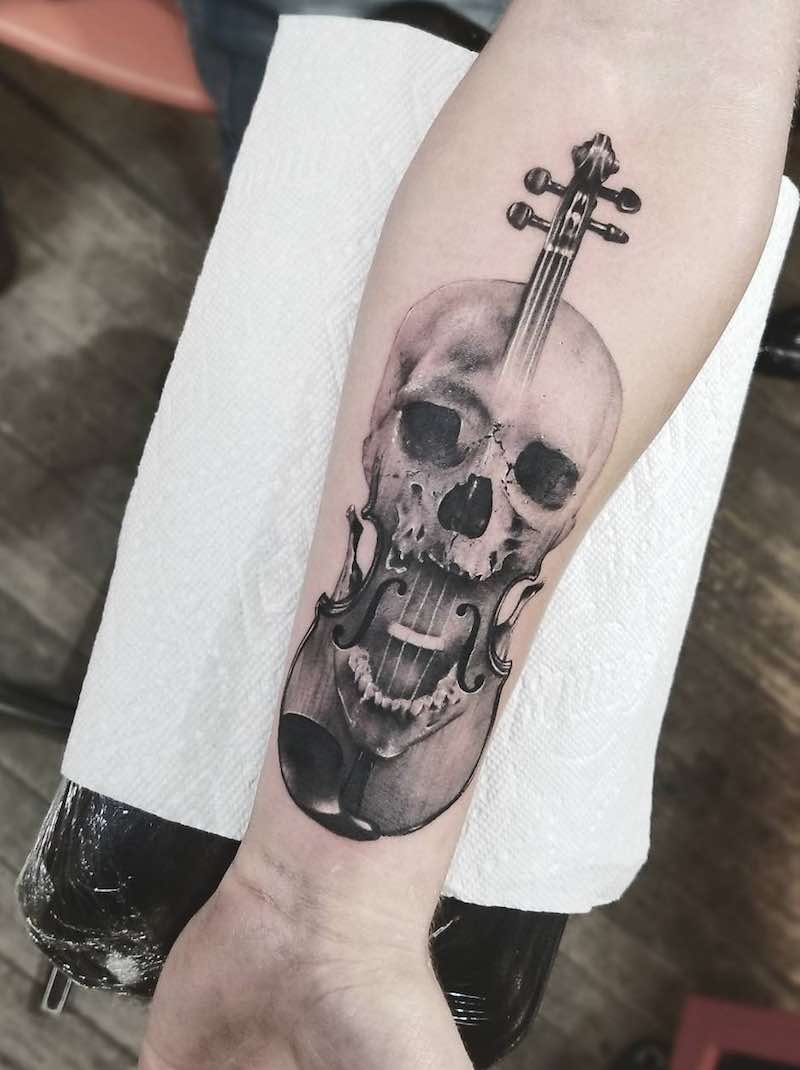 Violin Skull Tattoo by Cameron Pohl