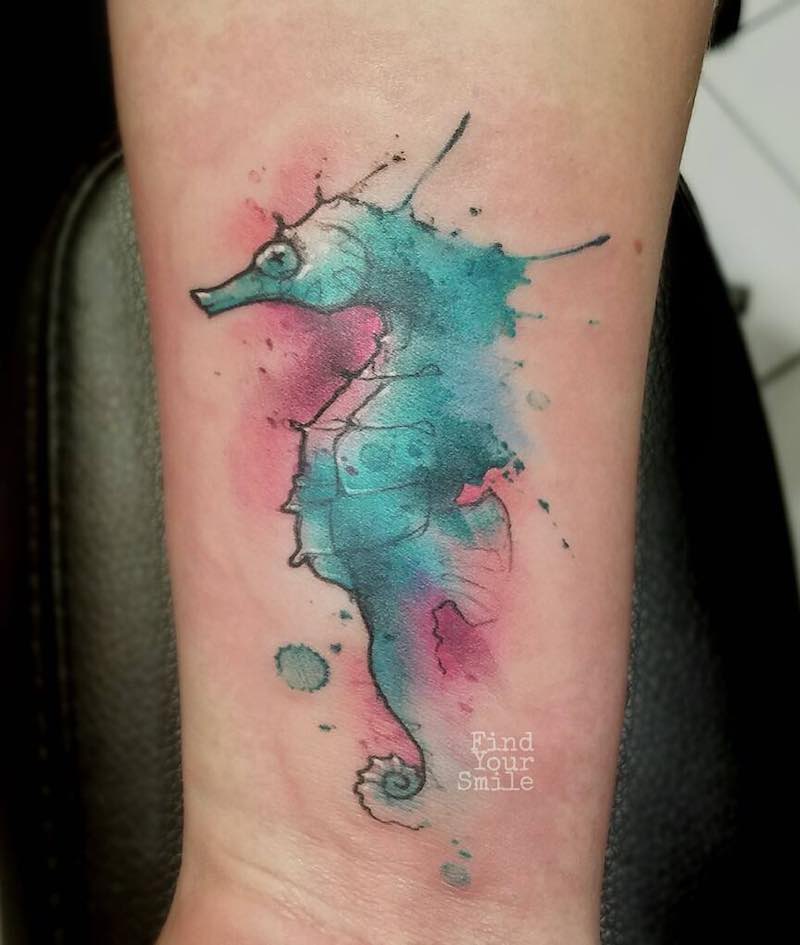 Watercolor Seahorse Tattoo by Russell Van Schaick