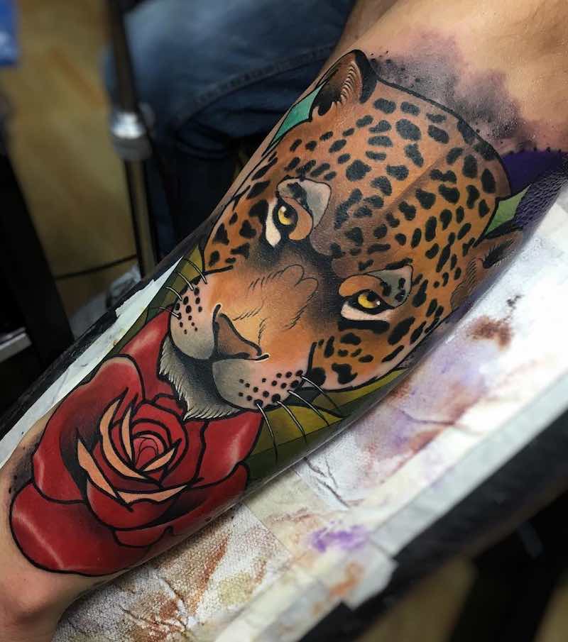 Rose and Jaguar Tattoo by Santiago Buriticá