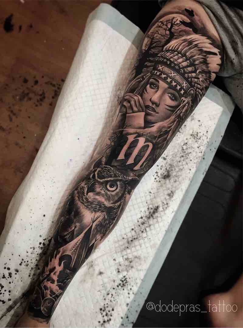 Black and Grey Girl with Headress and Owl Tattoo Sleeve by Dode Pras