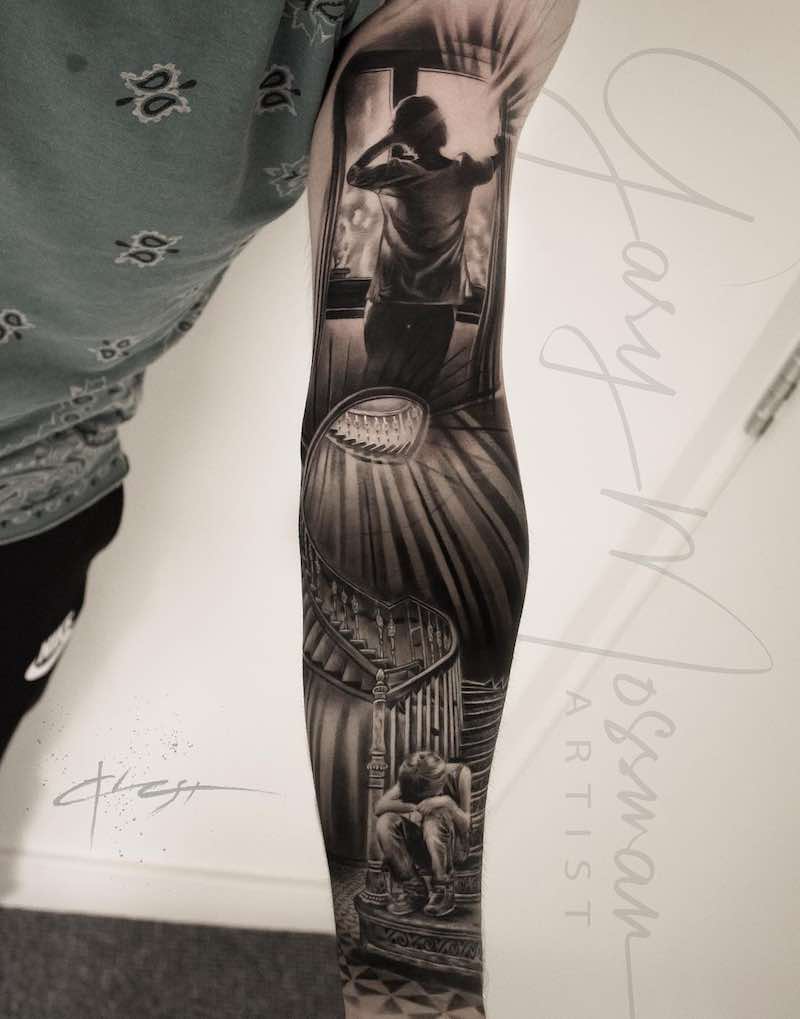 Black and Grey Realistic Sleeve Tattoo by Gary Mossman