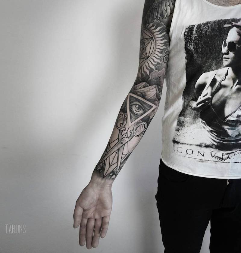 Black and Grey Sleeve Tattoo by Sasha Tabuns