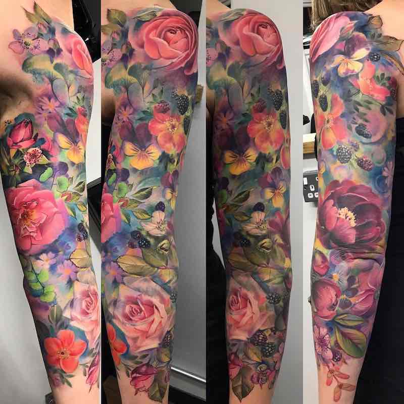 Color Flower Sleeve Tattoo by Samantha Ford