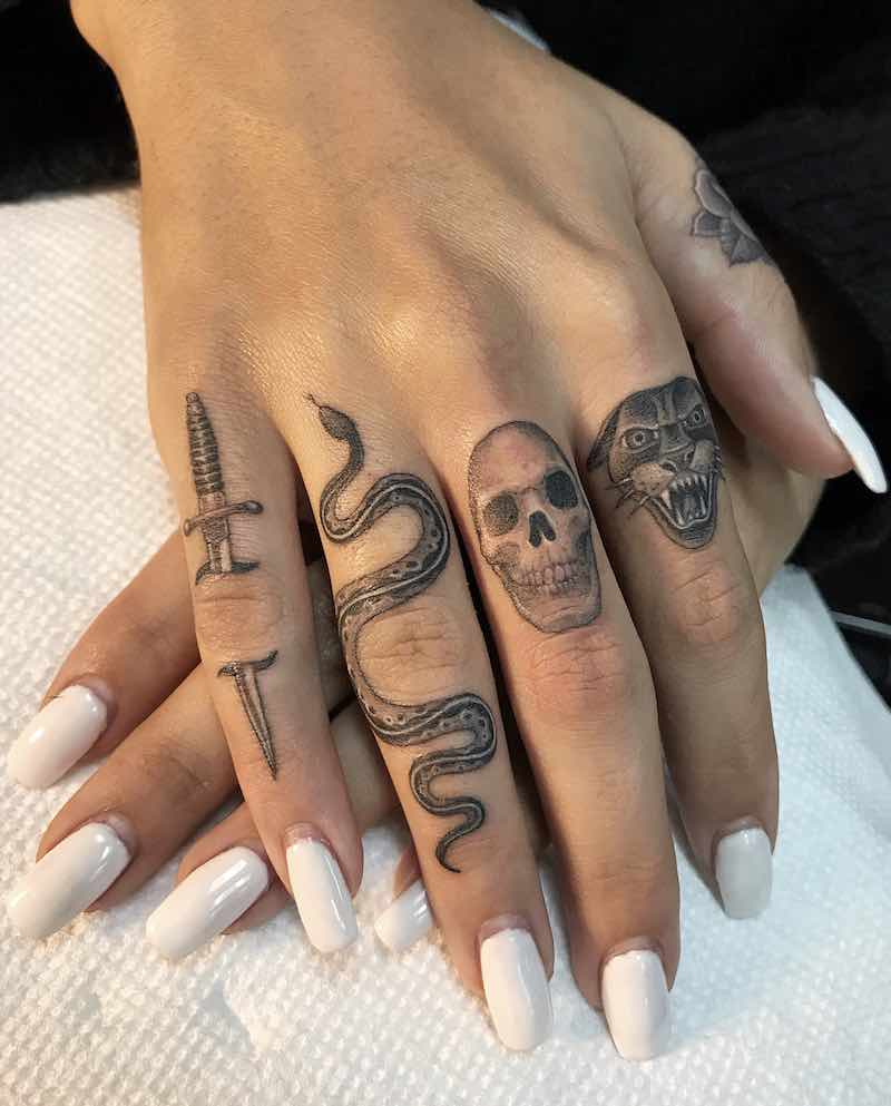 Dagger, Snake, Skull, Panther Small Finger Tattoos by Ben Grillo