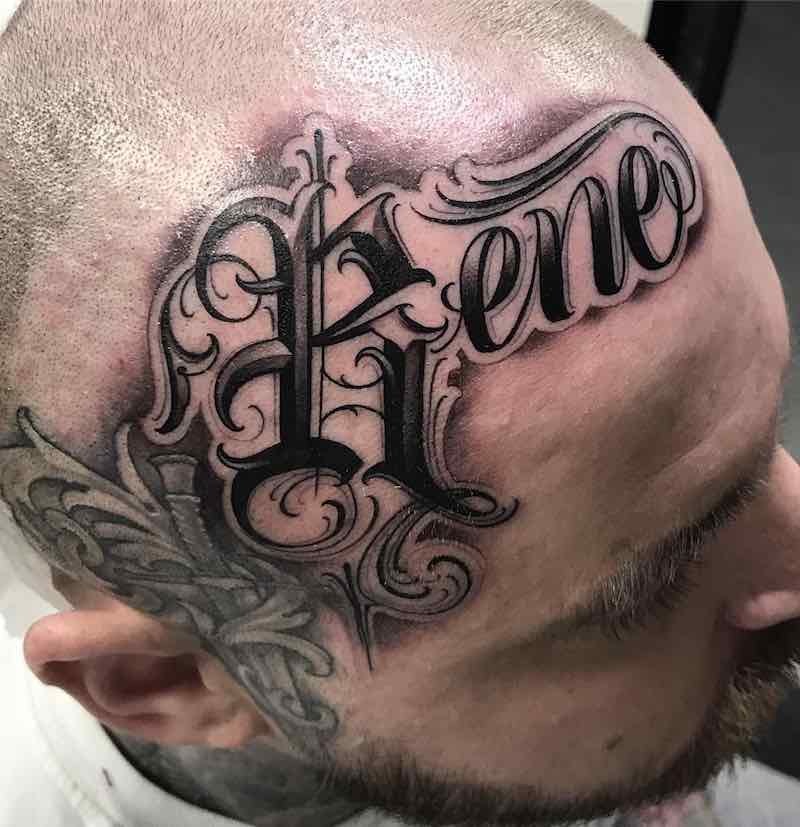 Head Tattoo Lettering by Justin Burnout