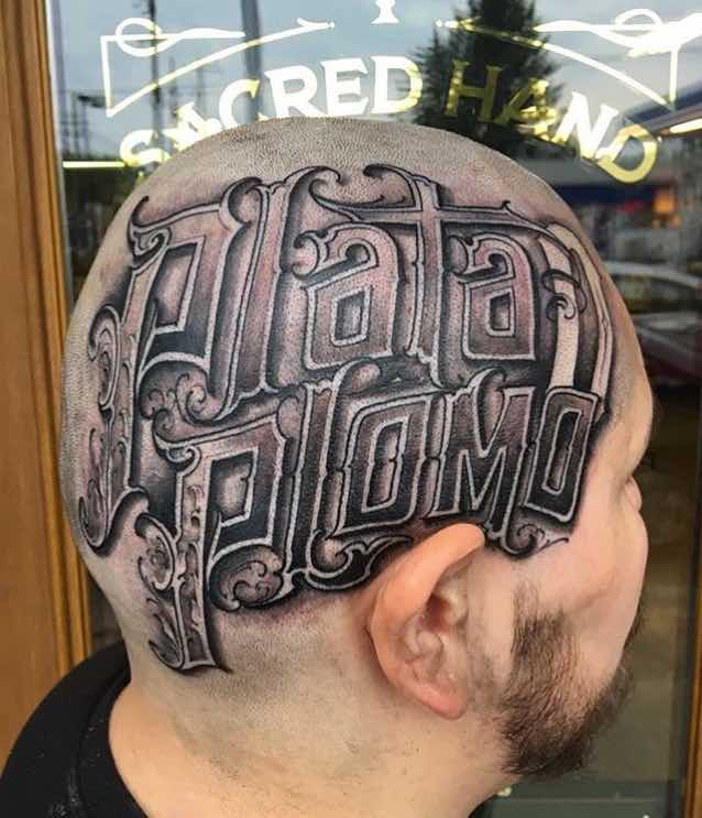 Lettering Head Tattoo by Big Meas