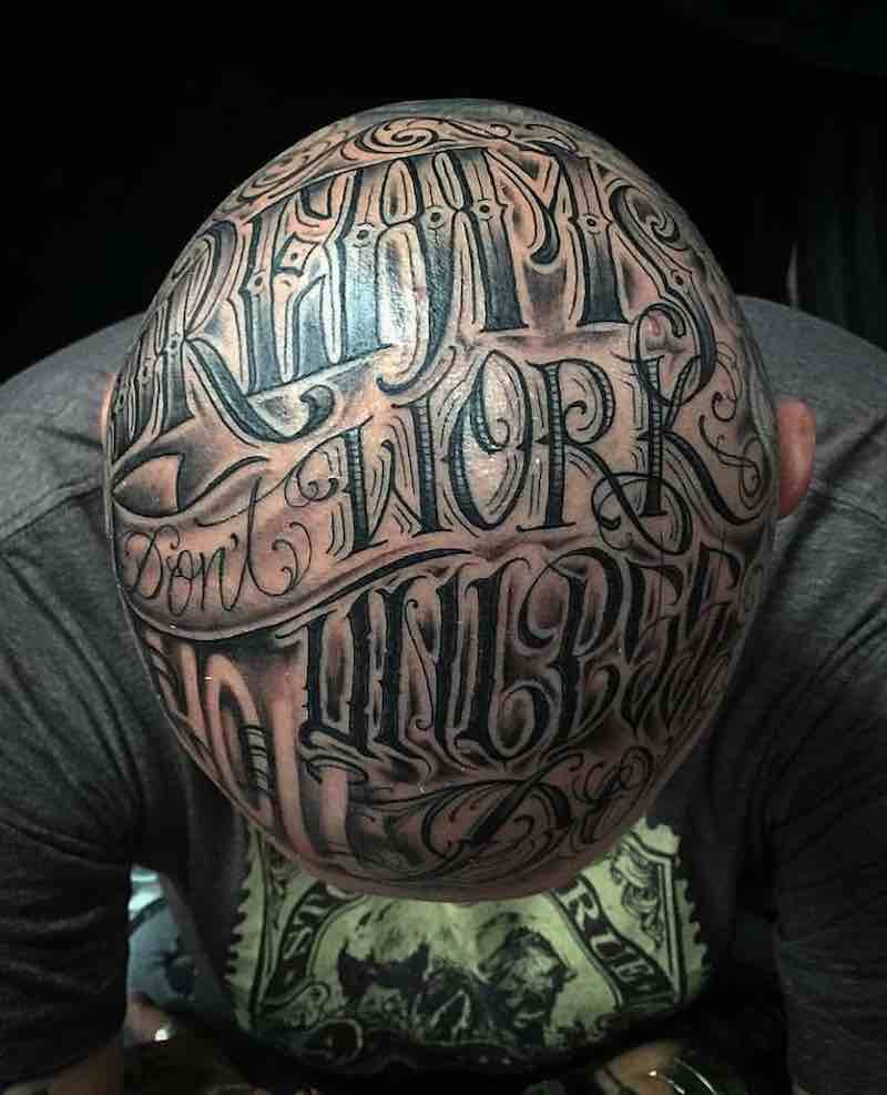 Lettering Head Tattoo by Zombie Joe
