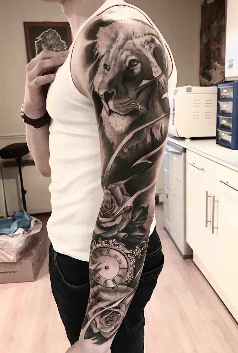 Lion Black and Grey Tattoo Sleeve by Aleksandras Kuznecovas