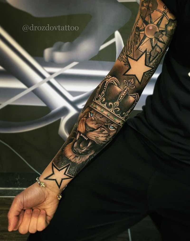 Lion with Stars Black and Grey Tattoo Sleeve by Vladimir Drozdov