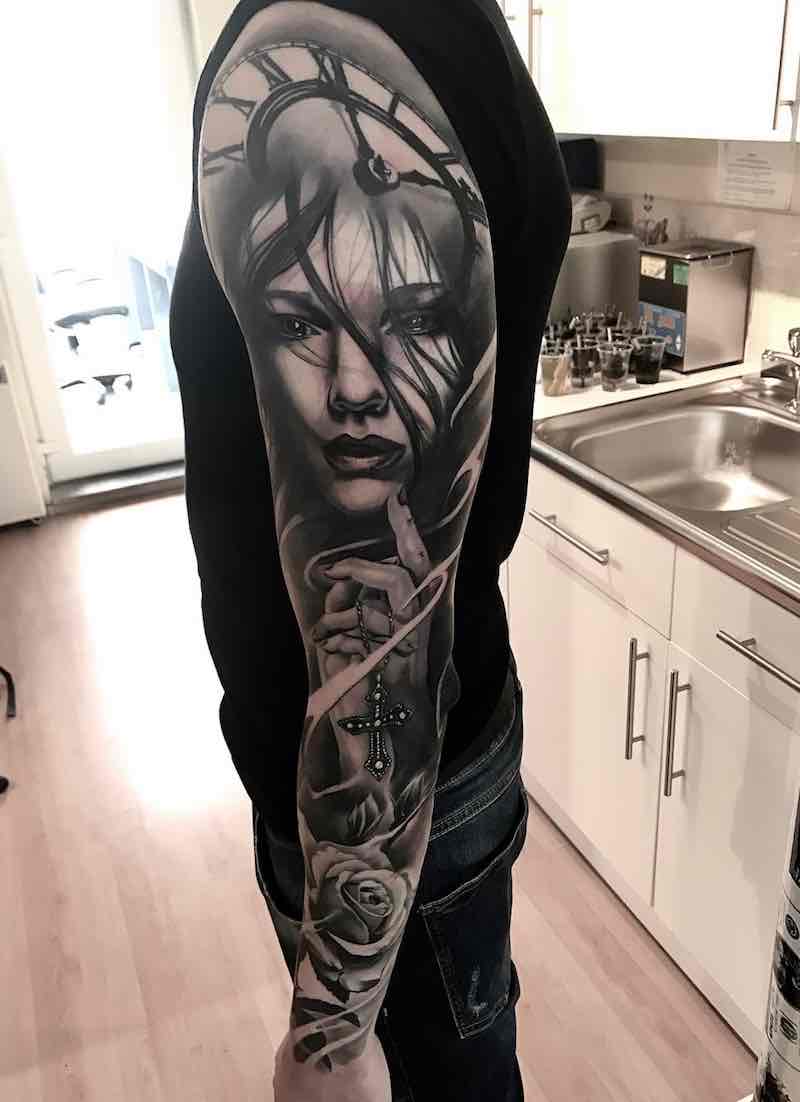 Mens Black and Grey Tattoo Sleeve by Aleksandras Kuznecovas