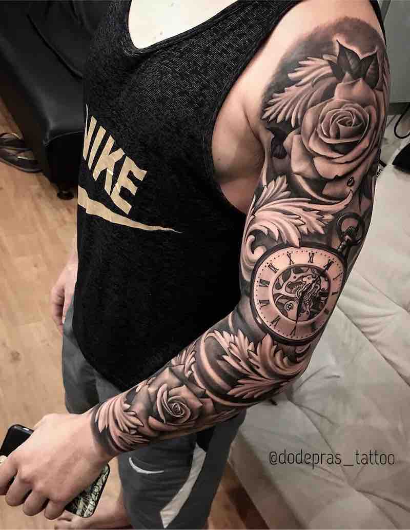 Rose and Clock Black and Grey Tattoo Sleeve by Dode Pras
