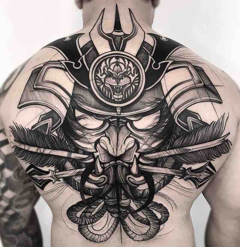 Samurai Mask Mens Back Tattoo by Fredao Oliveira