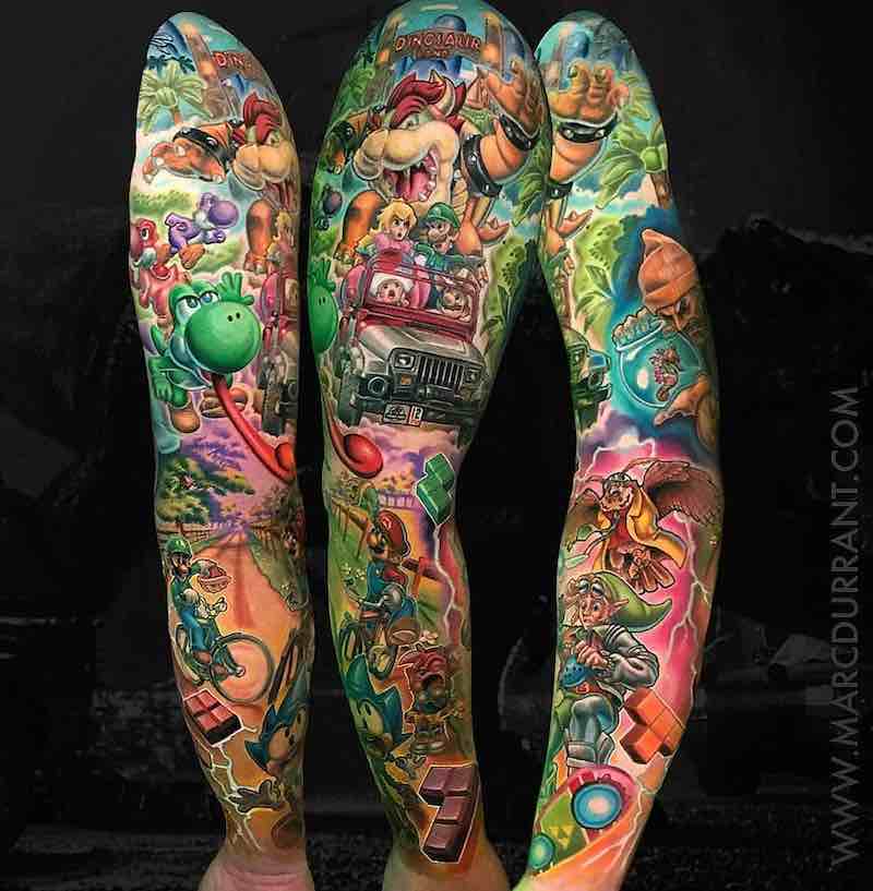 Video Game Color Tattoo Sleeve by Marc Durrant