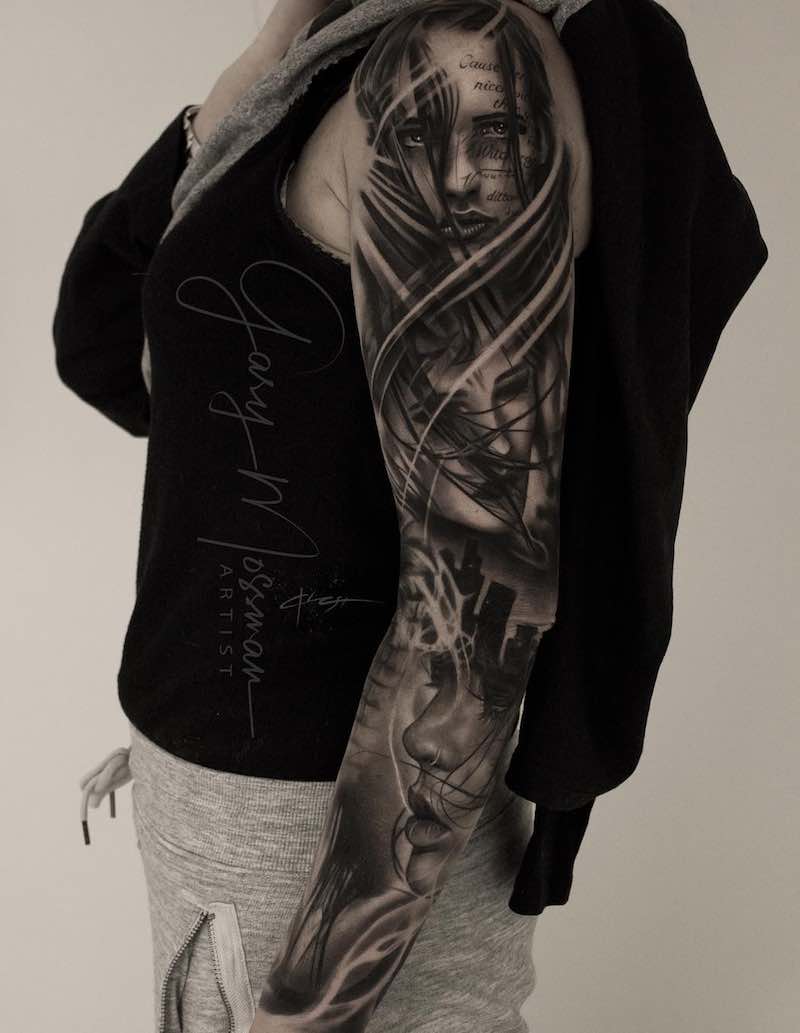 Womens Black and Grey Sleeve Tattoo by Gary Mossman