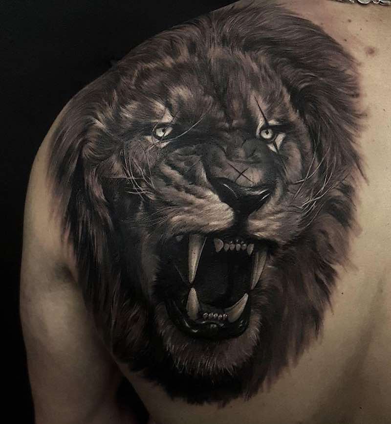 Lion Shoulder Back Tattoos by ATA Ink